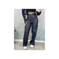 Calça Couro Fake Wide Leg Pantalona Feminina PU Sintético Zíper Botão Bolso