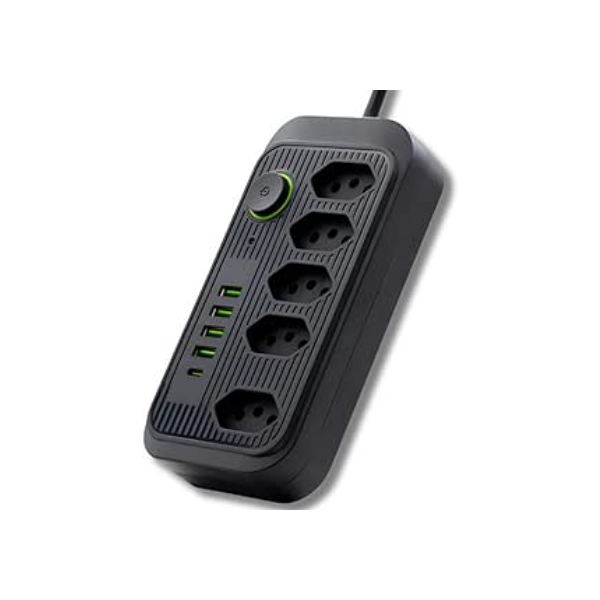 Extensão Elétrica Filtro de Linha Preto Tomada USB Bivolt 110V/220V Cabo 2M USB-C Régua de Energia
