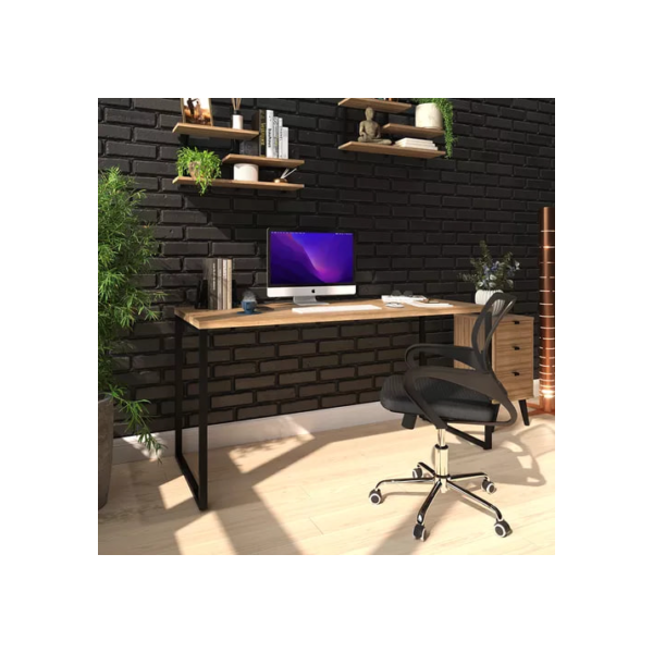 Mesa Escrivaninha Industrial Diretor Ferro E Madeira Vintage 150x60cm Estilo Nórdico Madeirado Com Preto E-led