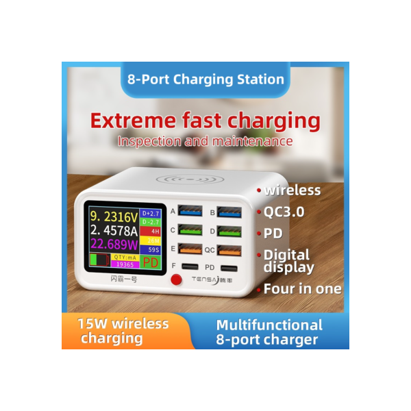 Estação de carregamento rápido sem fio usb multifuncional, 8 portas, carregador de detecção de corrente visual para celular, ipad, carregamento flash