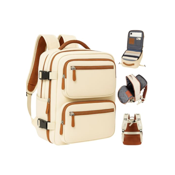 Mochila Viagem Masculina Feminina Grande – Mochila executiva Reforçada, Antifurto, Saídas USB e Fone, Alça de Aço, Impermeável, Escolar, Faculdade, Trabalho, Viagem – Bege Premium