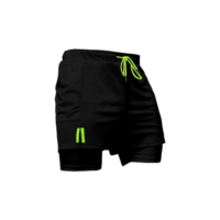Short Treino Térmico 2 em 1 com Bolso Porta-Toalha Calção Fitness Academia - Preto+verde