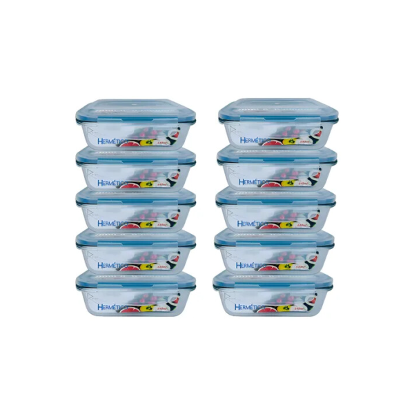 Kit 10 Pote Hermético De Vidro Retangular 640ml Rishon Azul-claro