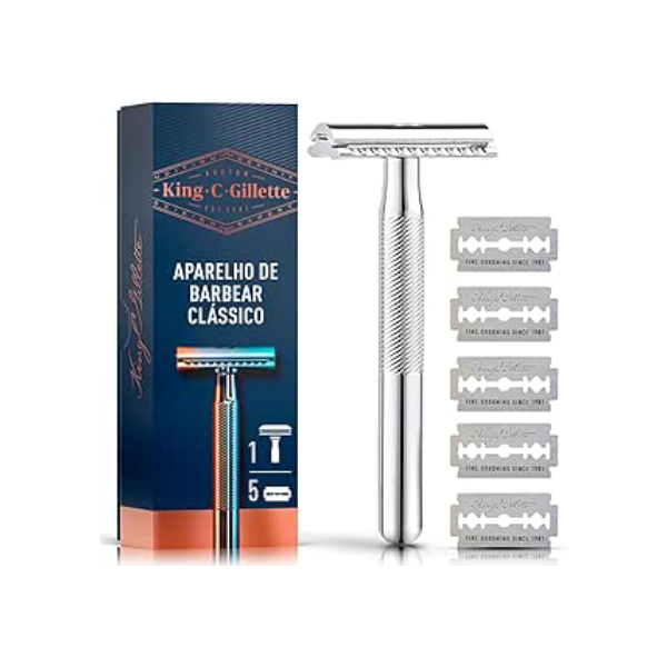 KING C. GILLETTE, Aparelho de Barbear Clássico + 5 Lâminas de barbear com Duplo Fio, aço inoxidável, Barbeador para homens, Cuidado para Barba