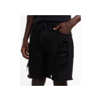 Bermuda Slim em Sarja com Rasgos Puídos e Barra Desfiada Preto