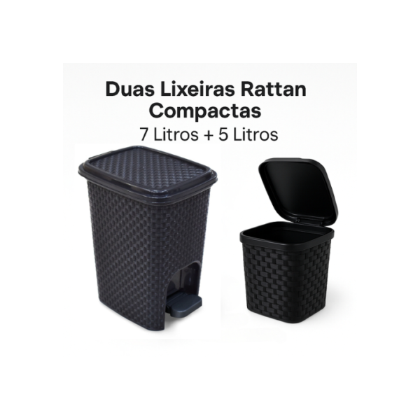 Kit Lixeira 7L com Tampa e Pedal Rattan + Lixeira de 5L com Tampa Arqplast