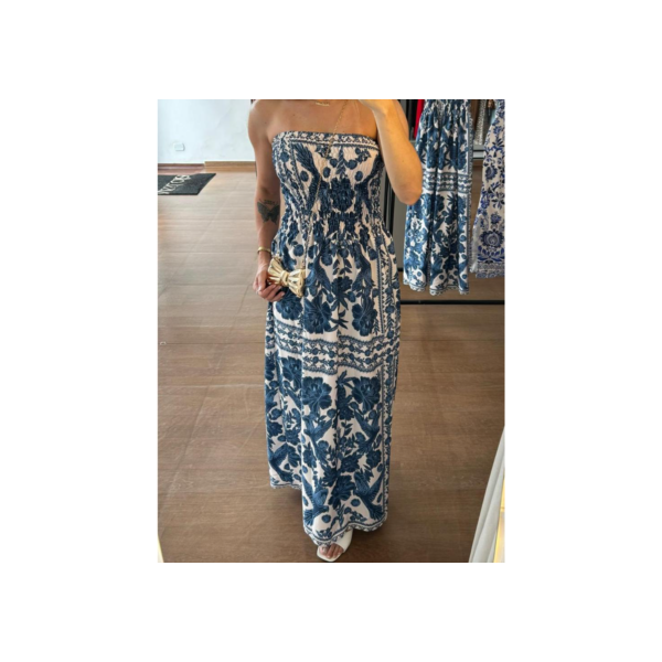 Vestido LONGO  Verão Estampado Azul Tomara que Caia Com Elastex