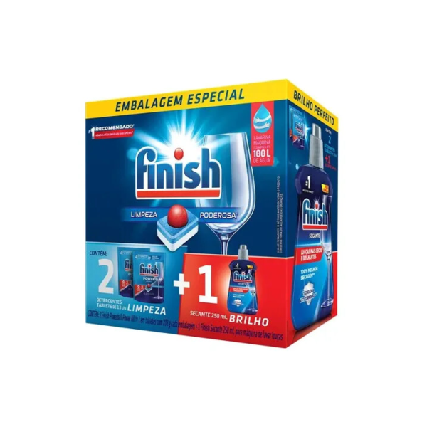 Kit Finish 2 Detergentes Tablete All In 1 Max 235,3g Cada mais Secante Abrilhantador para Máquina de Lavar Louças 250ml Finish Powerball
