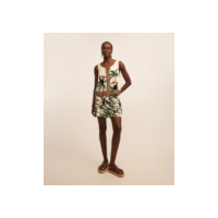 Short Curto em Twill com Estampa de Folhagem e Tucanos Multicores