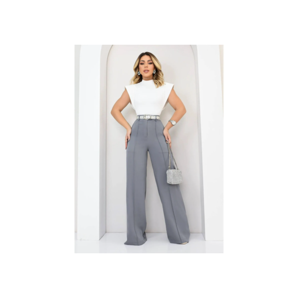 Calça Pantalona Feminina Cintura Alta com Bolso e Zíper Tecido Duna