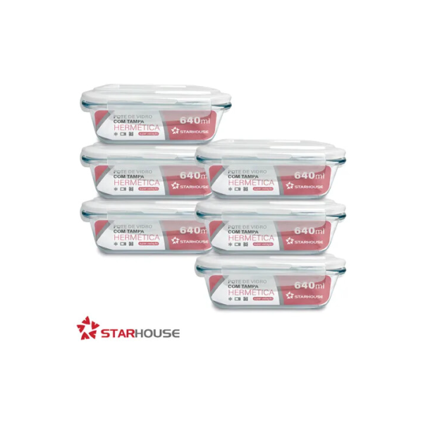 Kit 6 Potes 640ml Vidro Hermético 4 Travas Marmita Refratario Star House