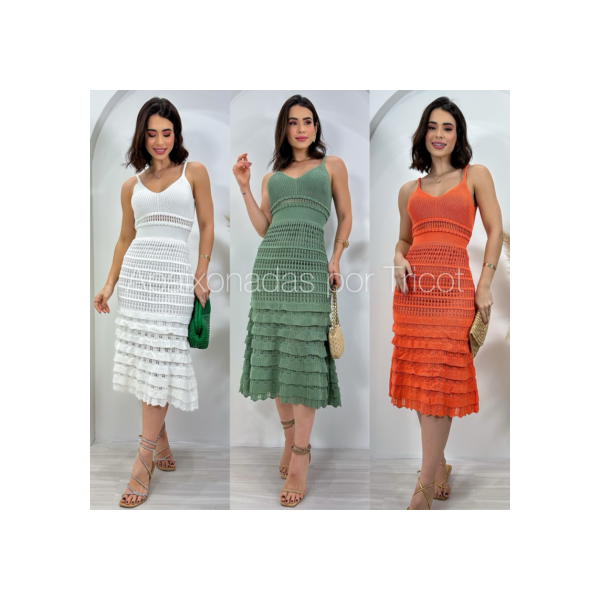 Vestido Babado Midi com forro Tricô Elegante Vestido tricot Vestido Tricô Vestido crochê Vestido Babados