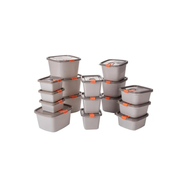 Conjunto De Potes De Plástico Tampa Fixa 16 Peças Plasútil - Tampa Fendi 206/ Corpo Cinza 1462/ Valvula Laranja 580