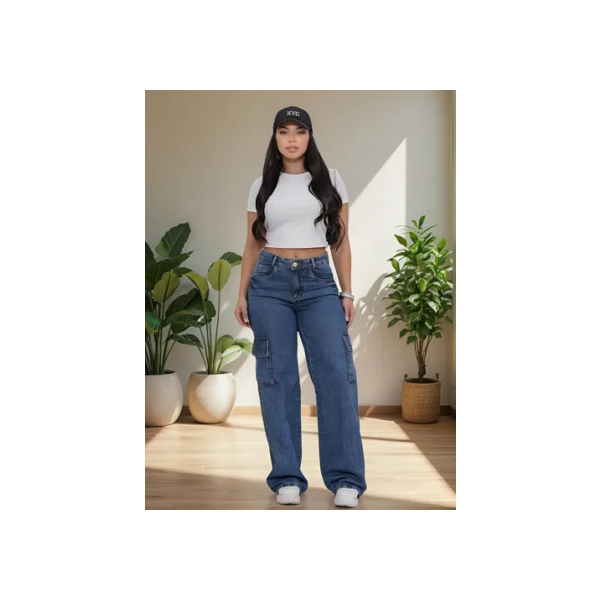 Calça Jeans Feminina Cargo Levanta Bumbum Cintura Alta 100%