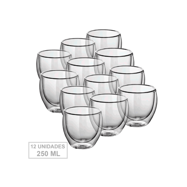Conjunto 12 Copos Parede Dupla de Vidro 250 ml para Café Chá Suco Cerveja Chopp Copo Duplo Isolante KIT 12 Copos
