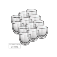 Conjunto 12 Copos Parede Dupla de Vidro 250 ml para Café Chá Suco Cerveja Chopp Copo Duplo Isolante KIT 12 Copos