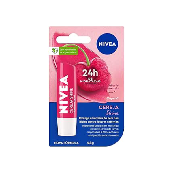 NIVEA Hidratante Labial Cereja Shine 4,8g - Cuidado e proteção para seus lábios por 24h, além de delicioso aroma de cereja e delicado brilho rosa