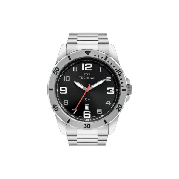 Relógio Masculino Technos Prata Performance Militar Fundo Preto
