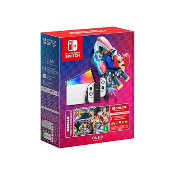 Nintendo, Console + Jogo, Switch OLED Branco, Jogo Digital Mario Kart 8 Deluxe, 3 Meses de Assinatura Nintendo Switch Online