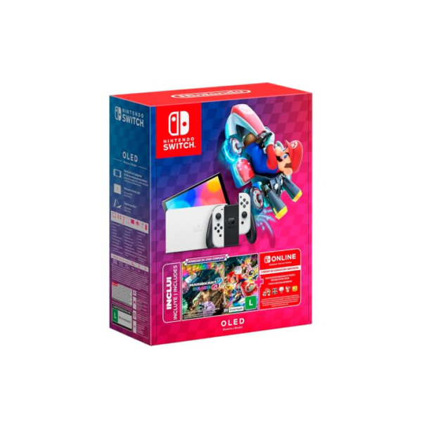Nintendo, Console + Jogo, Switch OLED Branco, Jogo Digital Mario Kart 8 Deluxe, 3 Meses de Assinatura Nintendo Switch Online