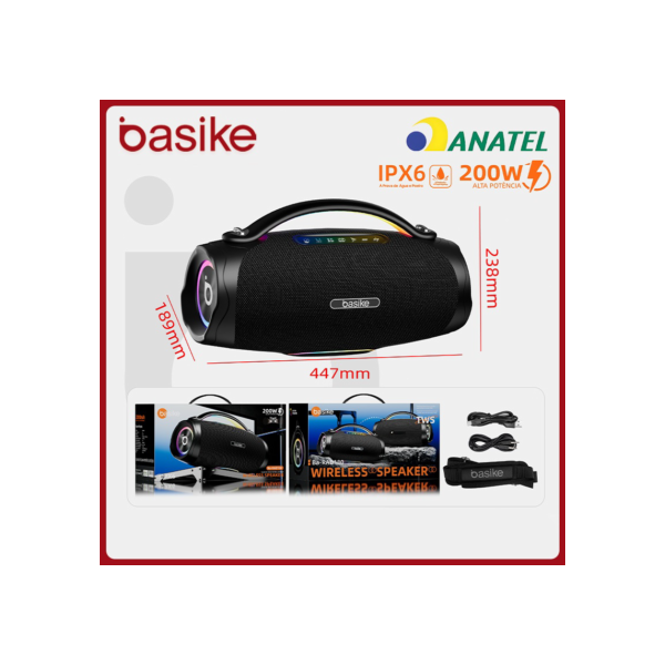 Basike alto-falante bluetooth 5.4 sem fio 200w Caixa Subwoofer Som Estéreo De Alta Fidelidade Party Ipx6，RAD180