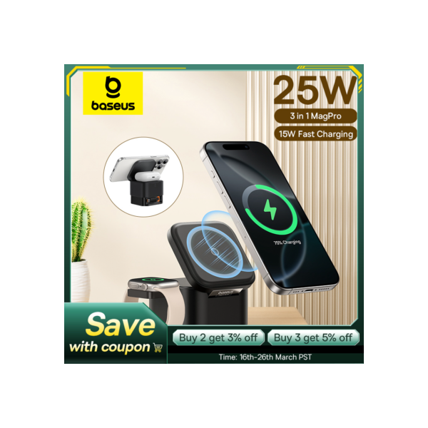 Baseus 3 em 1 carregador sem fio 15W rápido magnético carregador sem fio estação de mesa para iPhone 16 15 14 13 Airpod Apple Watch
