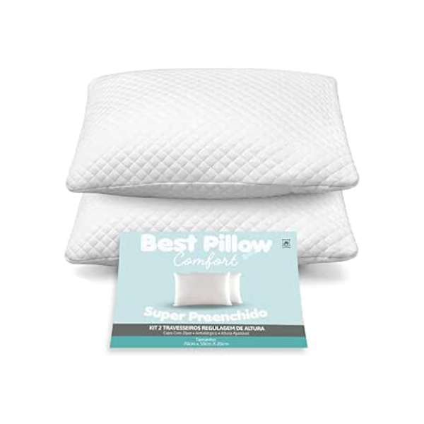 Kit com 02 Travesseiros Regulagem de Altura 70cm x 50cm percal 200 fios antialérgico fibra siliconada