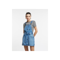 Jardineira com Saia Curta em Jeans com Bolsos e Botões Azul