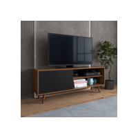 Rack Estante Para  Sala de Estar com Prateleira, Porta Organizadora e Pés de Madeira Preto