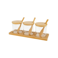 Kit 3 Potes Porta condimentos Temperos de Vidro com Suporte tampa em bambu Saleiro 270 ml