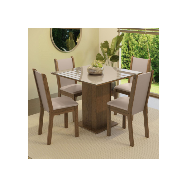 Conjunto Sala de Jantar Mesa Tampo de Vidro 4 Cadeiras Rustic/Crema/Bege Tifani Madesa