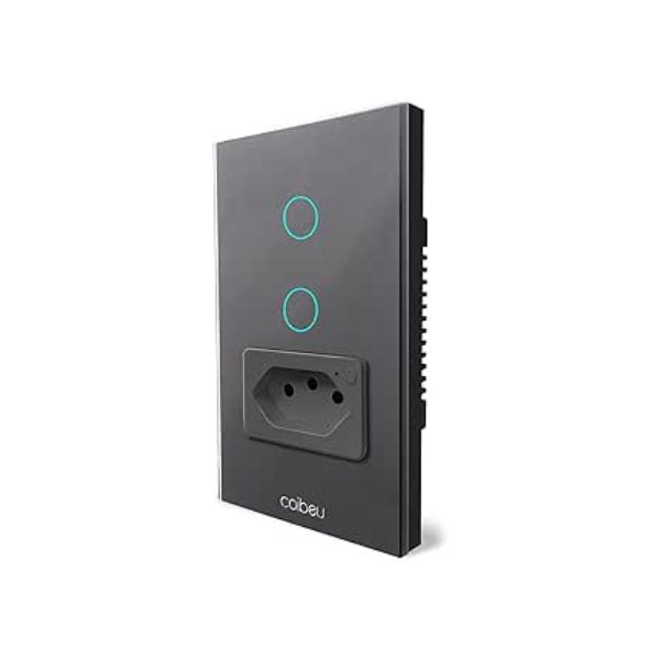 Interruptor Inteligente WiFi com Tomada, Interruptor Smart Sem Fio Doméstico Multifuncional, Controle Remoto de Eletrodomésticos Por Celulares, Preto, 2 Botao, com neutro