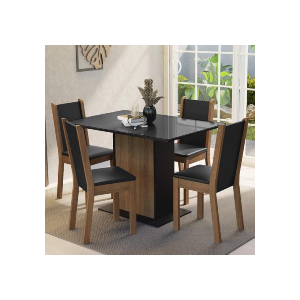 Conjunto Sala de Jantar Mesa Tampo de Vidro 4 Cadeiras Preto/rustic Martina Madesa
