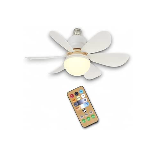 Ventilador de Teto de 60W E27 com Lâmpada Inteligente LED - Pequeno, Silencioso e Moderno - Controle Remoto, 6 Pás, 3 Velocidades, Temperatura de Cor Ajustável, Design de Flor