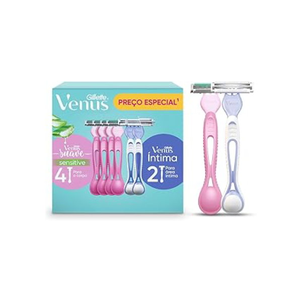 1 Kit Gillette Venus Suave, Aparelho de Depilação Descartável com Aloe, 4 Uds + Gillette Venus Íntima, Aparelho de Depilação Íntima Feminino Descartável, 2 Uds