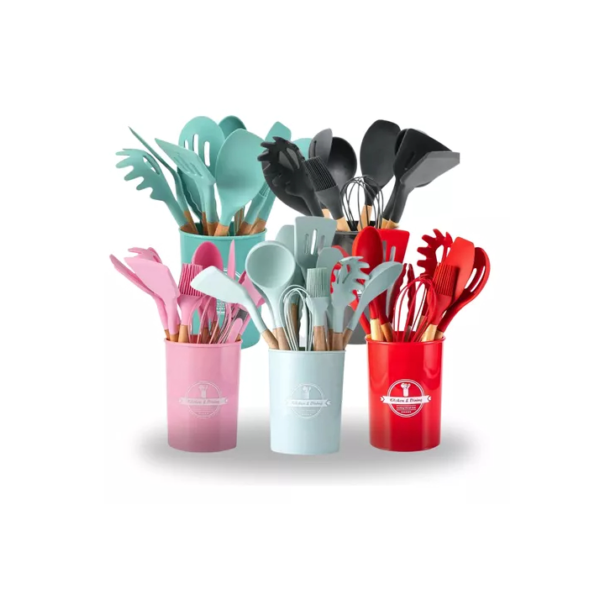Kit 5/12 Jogo de Cozinha Silicone, Utensílios Suporte para Cozinheiro Cabo de Madeira MasterChef