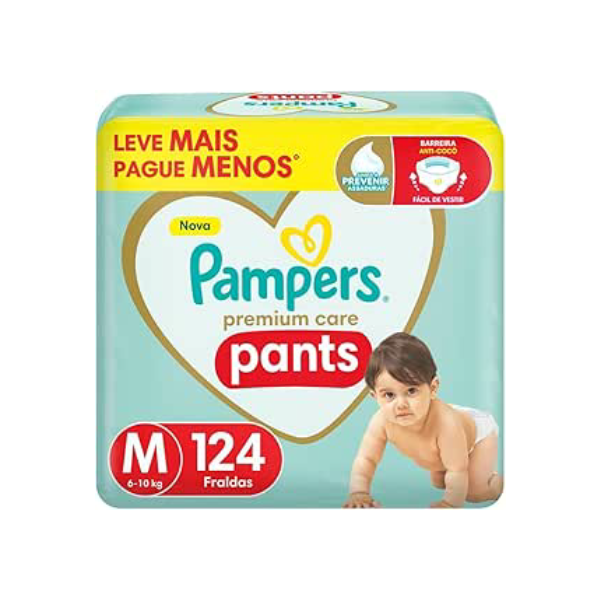 Pampers Premium Care Pants Fralda Tamanho M 124 Unidades, Fácil de Vestir