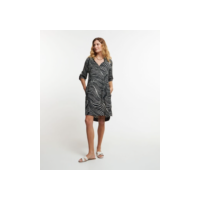 Vestido em Viscose com Gola Lapela e Estampa Abstrata Cinza Escuro/ Off White