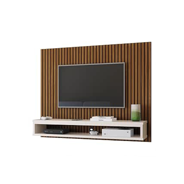 Estante Painel Luxo Suspenso TV 40 42 43 47 48 50 Polegadas Nicho Prateleira Decorativo Quarto Sala Estar - Ripado Freijó/Off White - RPM