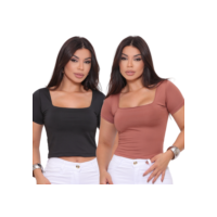 Kit 2 Blusas Cropped Suplex Básico Liso Manga Curta Forrado Decote Quadrado Cores Variadas