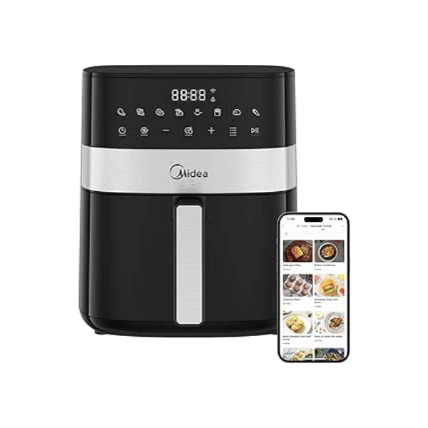 Midea Air Fryer Fritadeira 6L, 9 Menus Predefinidos, Tela de Toque LED, Desligamento Automático, Função IOT, 90% Menos Gordura, cesta Antiaderente e Prato Mais Crocante 127V/60Hz