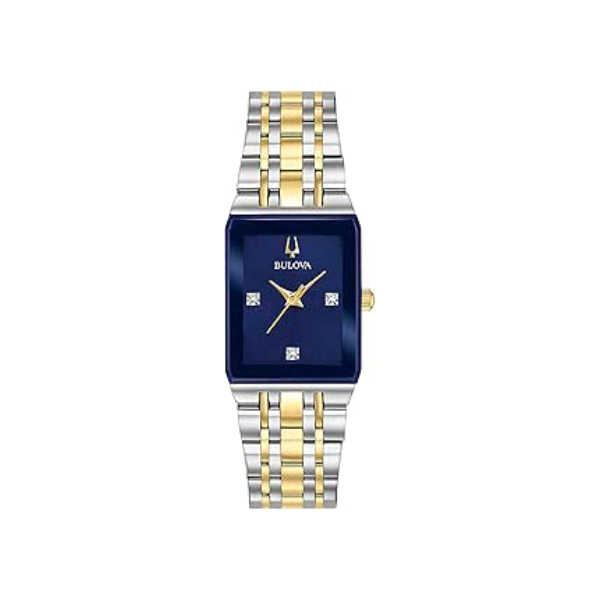 Bulova Relógio feminino moderno com pulseira de aço inoxidável Quadra Quartz, Mostrador em dois tons/azul, Quadra moderna