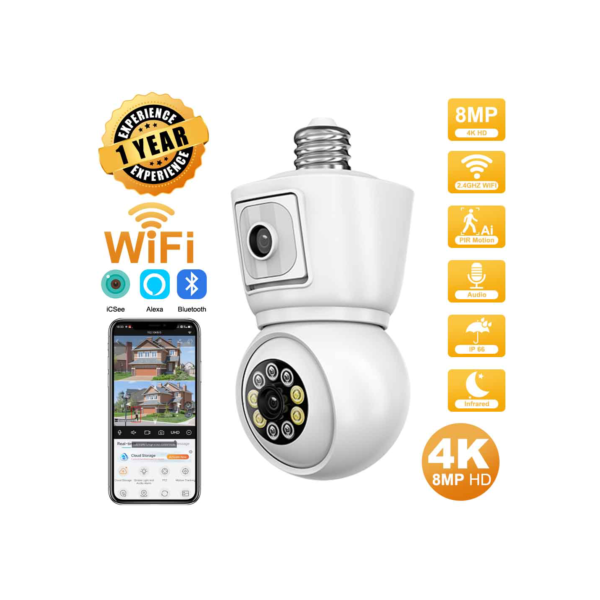 ICSEE-Câmera de Segurança Exterior, Lente Dupla, Tela Dupla, Rastreamento Automático, Áudio Bidirecional, Visão Noturna Colorida, WiFi, 4K, 8MP, Lâmpada E27