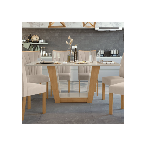 Mesa de Jantar Retangular 6 Lugares 160cm Tampo MFD Apogeu   Amêndoa Clean/Off White