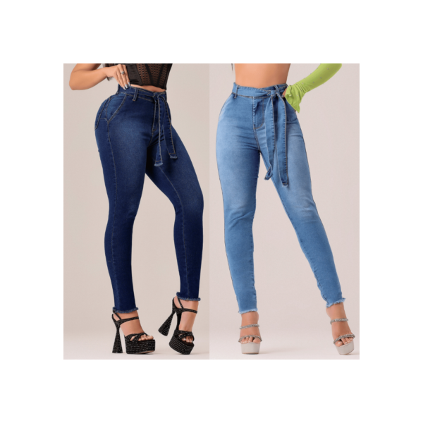 Kit 2 Calças Skinny Com Cinto Cintura Alta e Muito Elastano Levanta Bumbum com Laycra Barra Desfiada