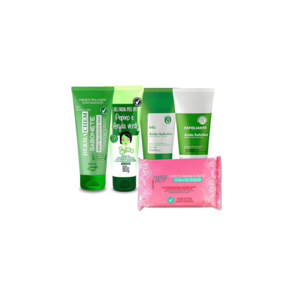 Kit Skin Care Limpeza Facial Pele Oleosa Dermachem Sabonete Ácido Salicílico Gel Hidratante Facial Pepino e Argila Verde Esfoliante Facial Gel de Limpeza Facial e Lenço Demaquilante (Completo)