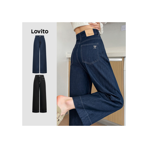 Lovito Calça Jeans Casual Com Bolso Bordado E Laço, Perna Larga E Solta, Azul Escuro, Para Mulheres L135AD1218