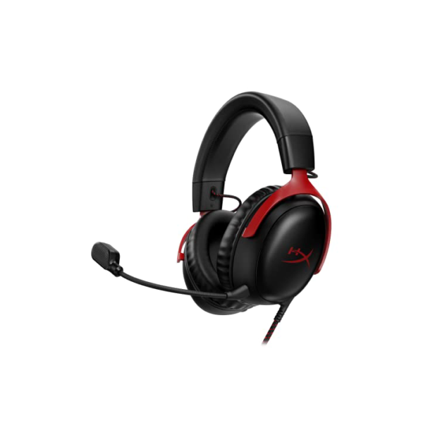 Headset Gamer HyperX Cloud III – Compatível com PC, PS5, Xbox Series X|S, Drivers Angulados de 53mm, Áudio DTS, Microfone de 10 mm, USB-C, USB-A, Fio de 3,5 mm, Vermelho e Preto (727A9AA)