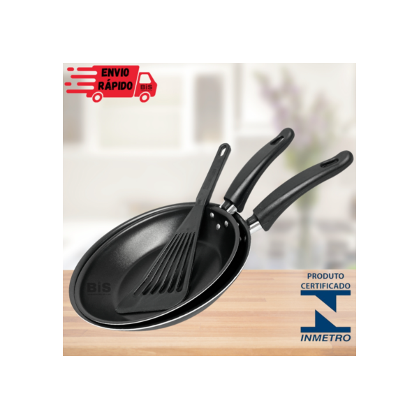 Jogo Frigideira Antiaderente 3 Peças Kit com 2 Frigideiras Teflon 20/22 Preta + 1 Espatula Nylon