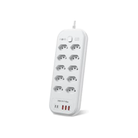 Extensão Tomada Régua de Energia, 10 Régua Tomada 10A, 3 Interfaces USB, 2 Porta USB Tipo-C, Cabo de Alimentação de 2 metros, Potência de 2500W Bivolt 110-250V Filtro de Linha (10 Tomadas)
